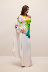 Renkli Desenli Tek Omuz Saten Maxi Elbise Zalle