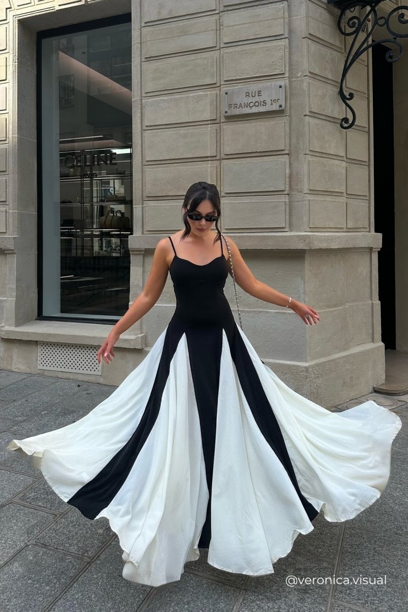 Siyah Beyaz Renk Bloklu Askılı Maxi Elbise Zalle