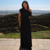 Siyah Tek Omuz Asimetrik Pileli Maxi Elbise Zalle