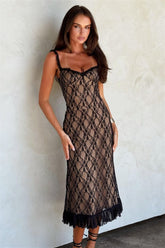 Siyah Transparan Dantel Askılı Fırfırlı Maxi Elbise Zalle