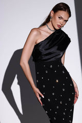 Tek Omuz Işıltılı Taş Detaylı Şık Midi Elbise Zalle