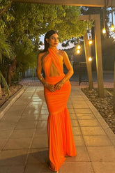 Turuncu Halter Yaka Sırt Dekolteli Maxi Elbise Zalle