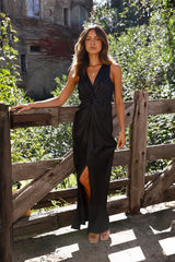 V Yaka Yırtmaçlı Zarif Maxi Elbise Zalle