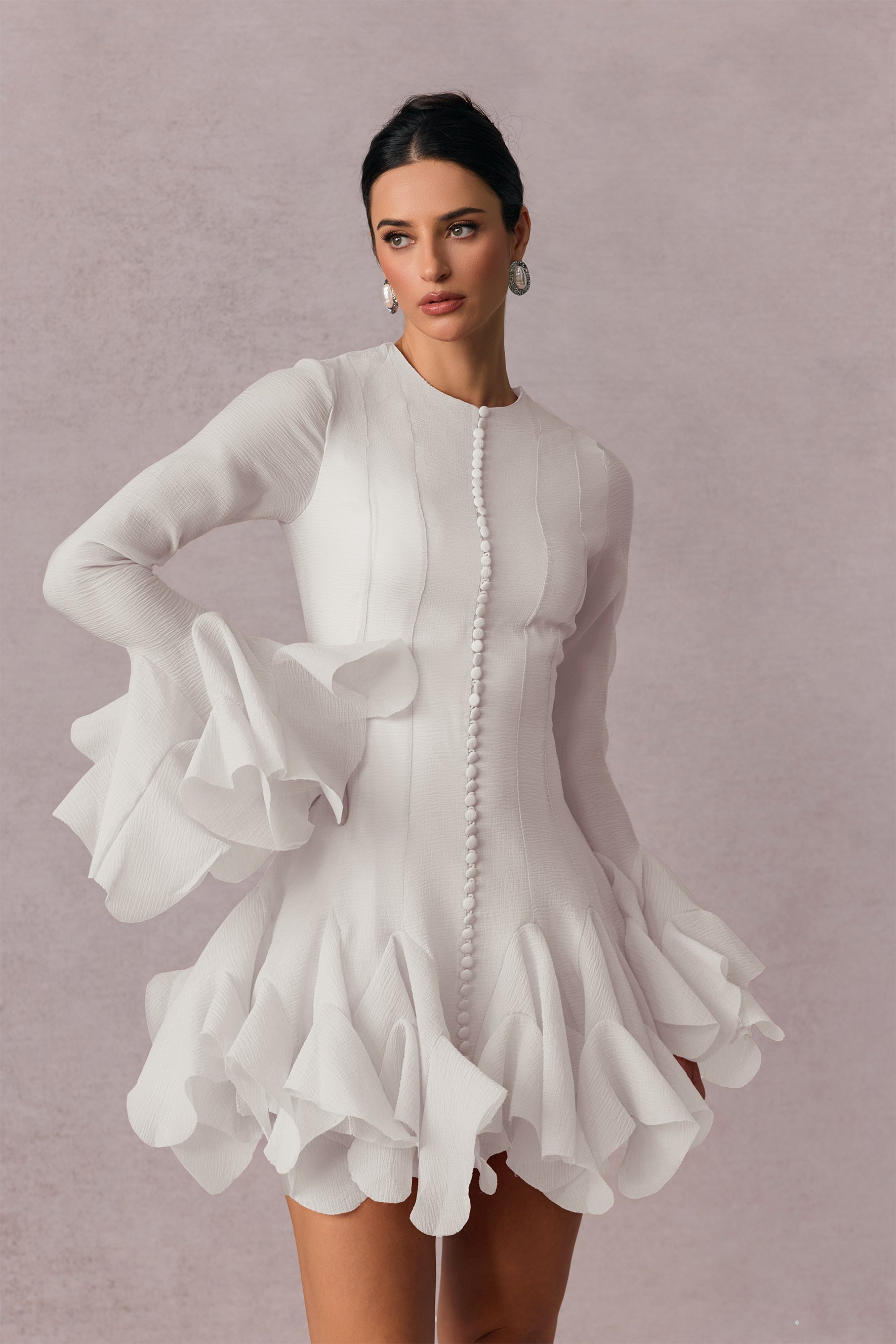 Volan Detaylı Beyaz Uzun Kollu Mini Elbise Zalle