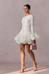 Volan Detaylı Beyaz Uzun Kollu Mini Elbise Zalle