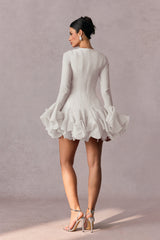 Volan Detaylı Beyaz Uzun Kollu Mini Elbise Zalle