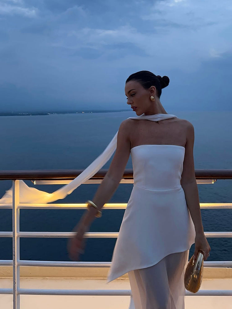 Yüksek Yırtmaçlı Askısız Şifon Maxi Elbise Zalle