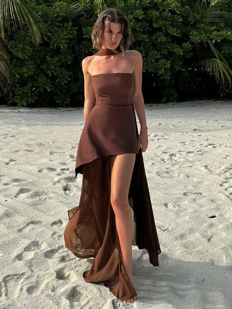 Yüksek Yırtmaçlı Askısız Şifon Maxi Elbise Zalle