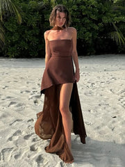 Yüksek Yırtmaçlı Askısız Şifon Maxi Elbise Zalle