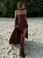 Yüksek Yırtmaçlı Askısız Şifon Maxi Elbise Zalle