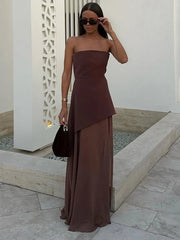 Yüksek Yırtmaçlı Askısız Şifon Maxi Elbise Zalle