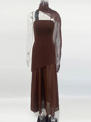 Yüksek Yırtmaçlı Askısız Şifon Maxi Elbise Zalle