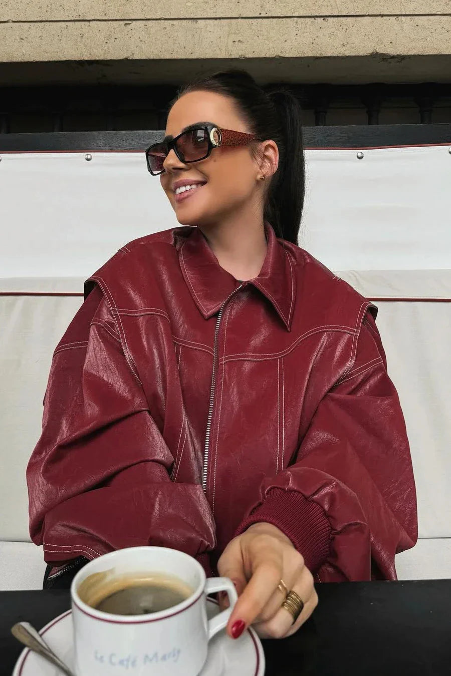 Bordo Oversize Deri Görünümlü Fermuarlı  Ceket Zalle