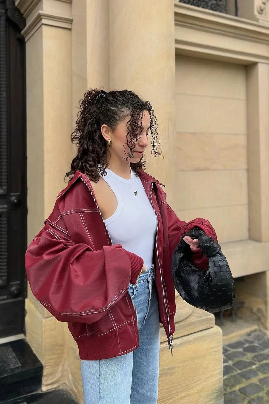 Bordo Oversize Deri Görünümlü Fermuarlı  Ceket Zalle