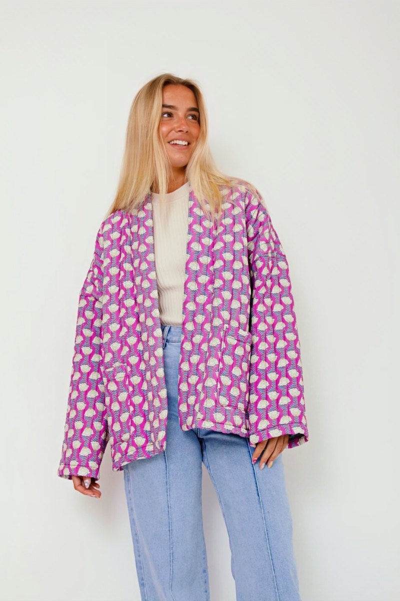 Pembe Desenli Oversize Kapitone Ceket Zalle