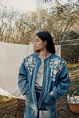 Mavi Nakış Detaylı Oversize Denim Ceket Zalle
