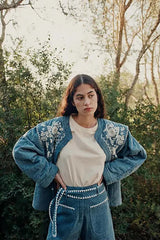 Mavi Nakış Detaylı Oversize Denim Ceket Zalle