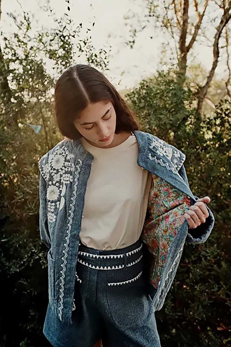 Mavi Nakış Detaylı Oversize Denim Ceket Zalle