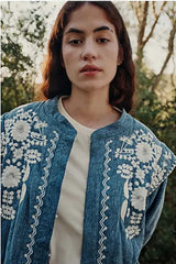 Mavi Nakış Detaylı Oversize Denim Ceket Zalle