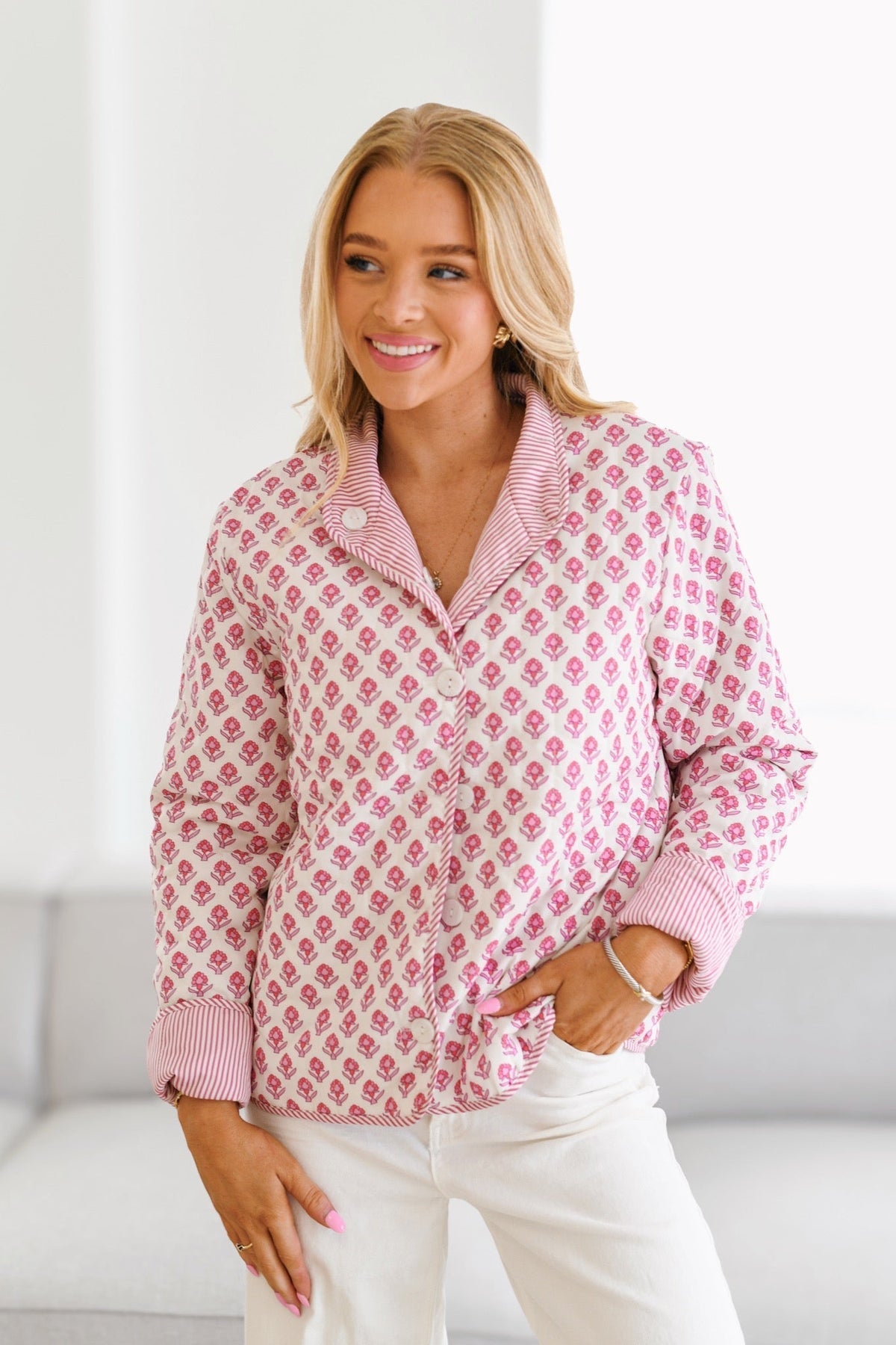 Pembe Floral Desenli Kapitone Ceket Zalle