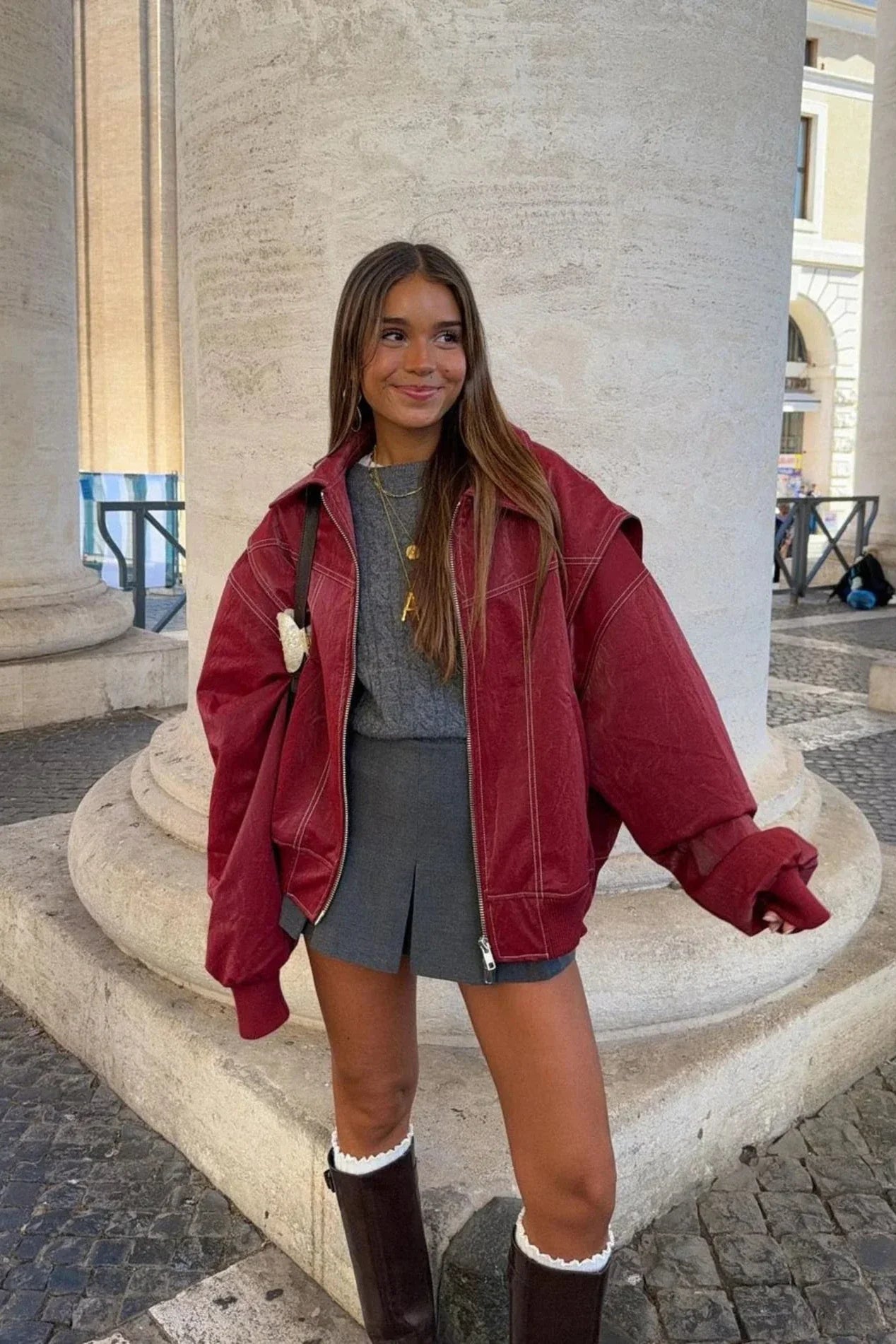 Bordo Oversize Deri Görünümlü Fermuarlı  Ceket Zalle