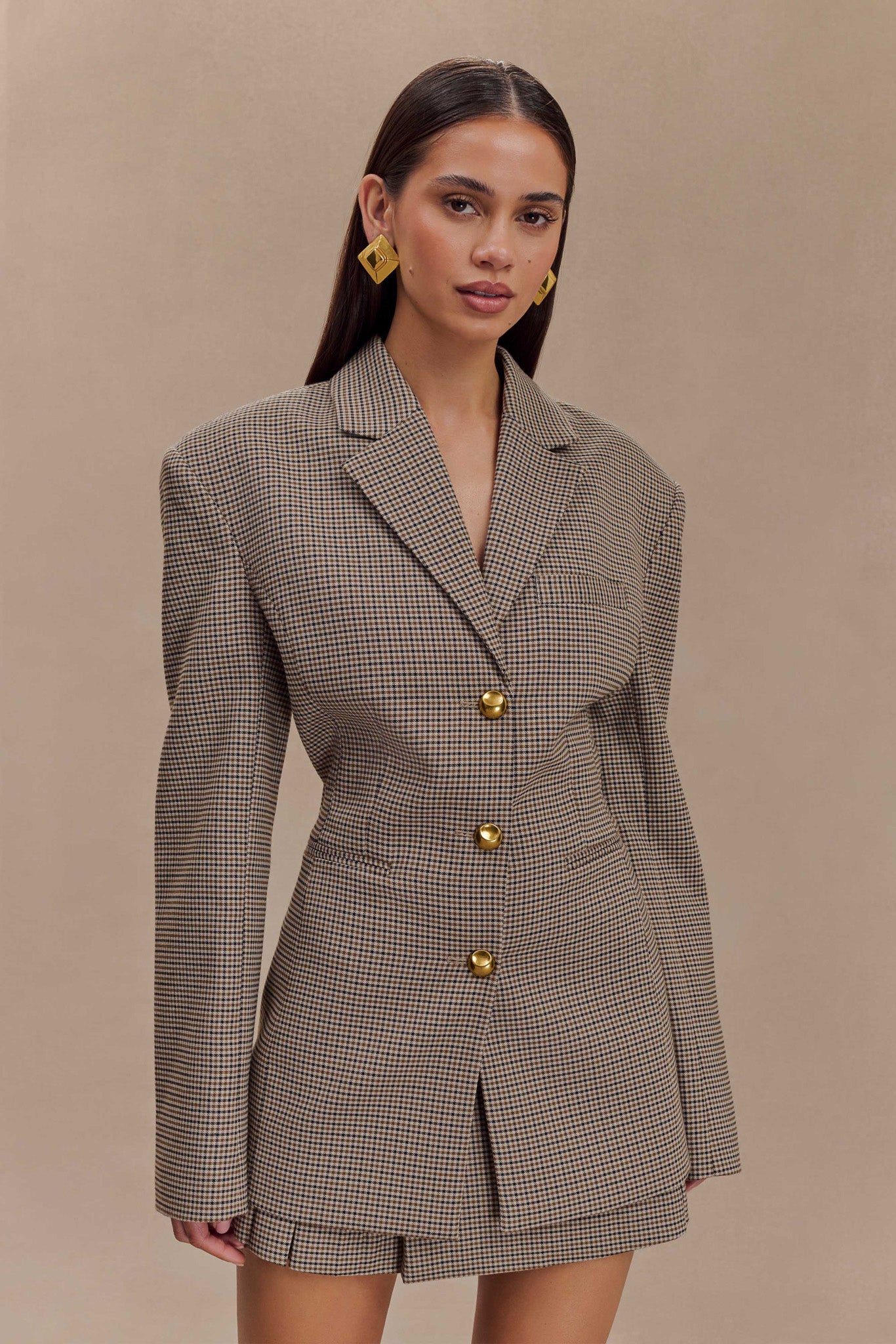 Ekose Desenli Gold Düğmeli Blazer Ceket Zalle
