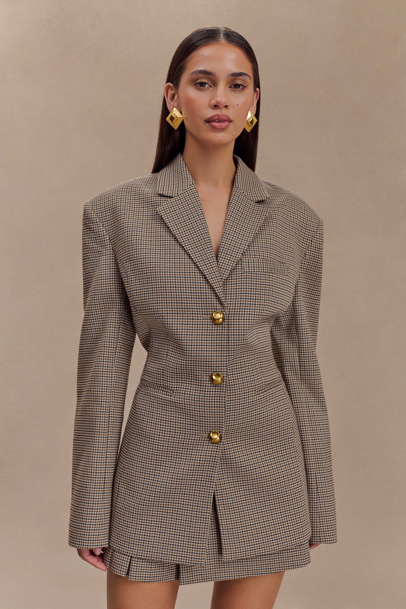 Ekose Desenli Gold Düğmeli Blazer Ceket Zalle