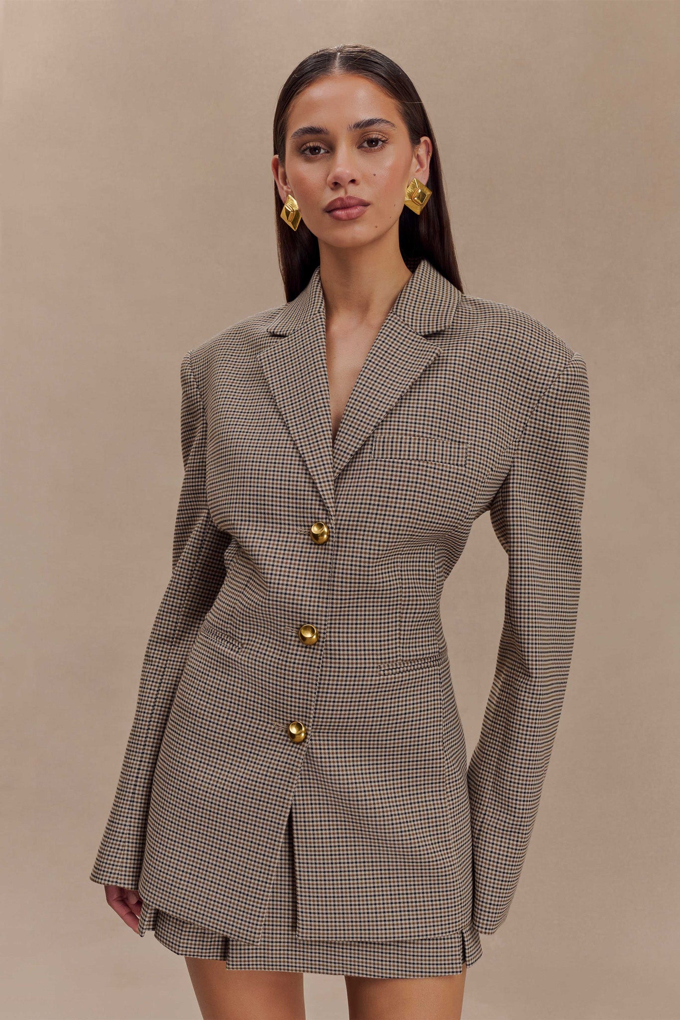 Ekose Desenli Gold Düğmeli Blazer Ceket Zalle