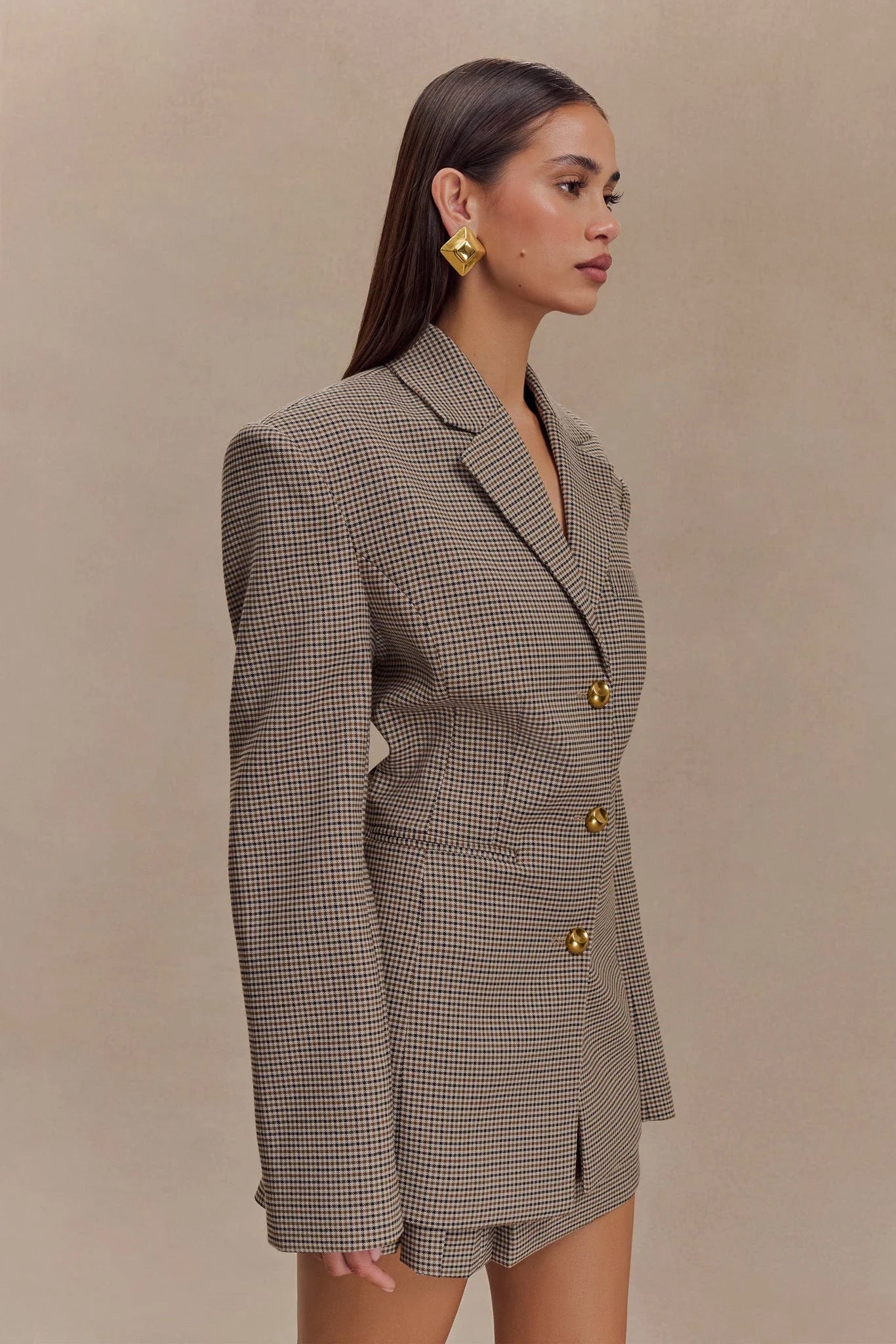Ekose Desenli Gold Düğmeli Blazer Ceket Zalle