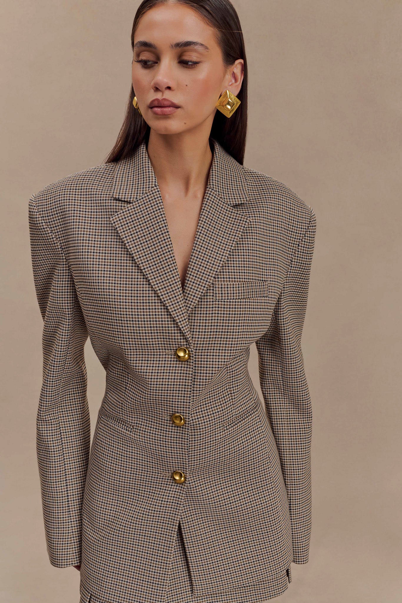 Ekose Desenli Gold Düğmeli Blazer Ceket Zalle