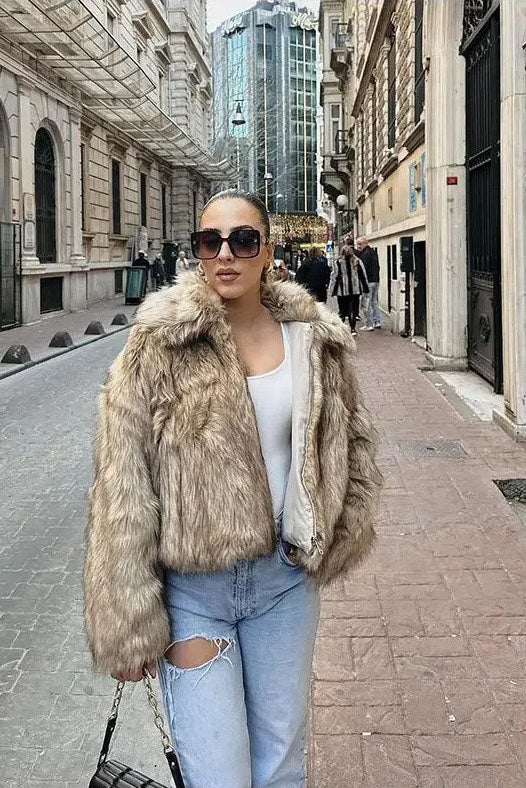 Kahverengi Kürk Görünümlü Şık Kaban Zalle