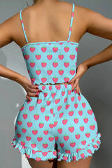Strawberry Patterned Blue Suspender Shorts Set