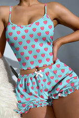 Strawberry Patterned Blue Suspender Shorts Set