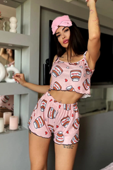 Nutella Desenli Pembe Askılı Şortlu Takım
