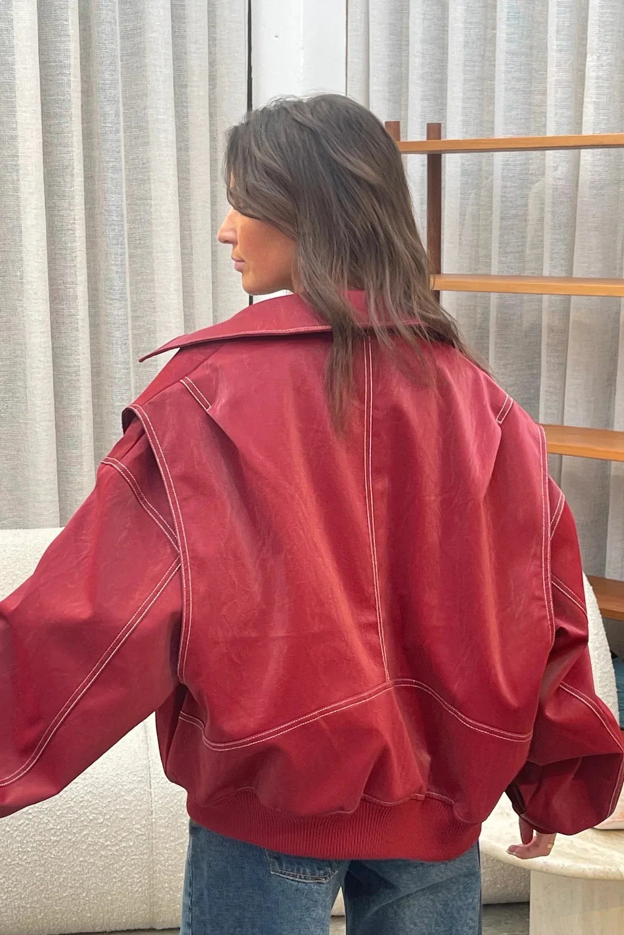 Bordo Oversize Deri Görünümlü Fermuarlı  Ceket Zalle