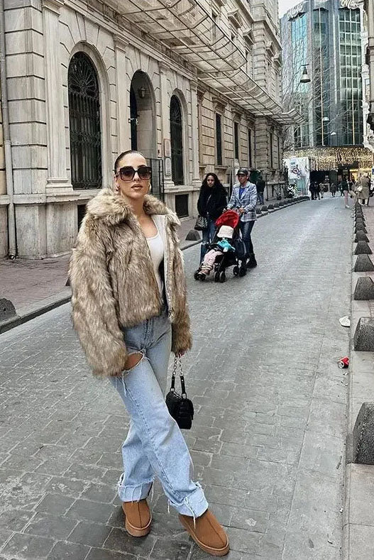 Kahverengi Kürk Görünümlü Şık Kaban Zalle