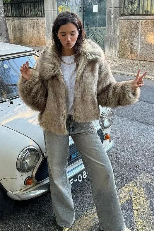 Kahverengi Kürk Görünümlü Şık Kaban Zalle