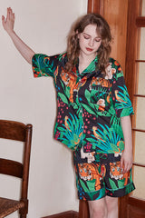 Tropikal Desenli Kısa Kollu Kuş Baskılı Saten Şortlu Pijama Takımı Zalle