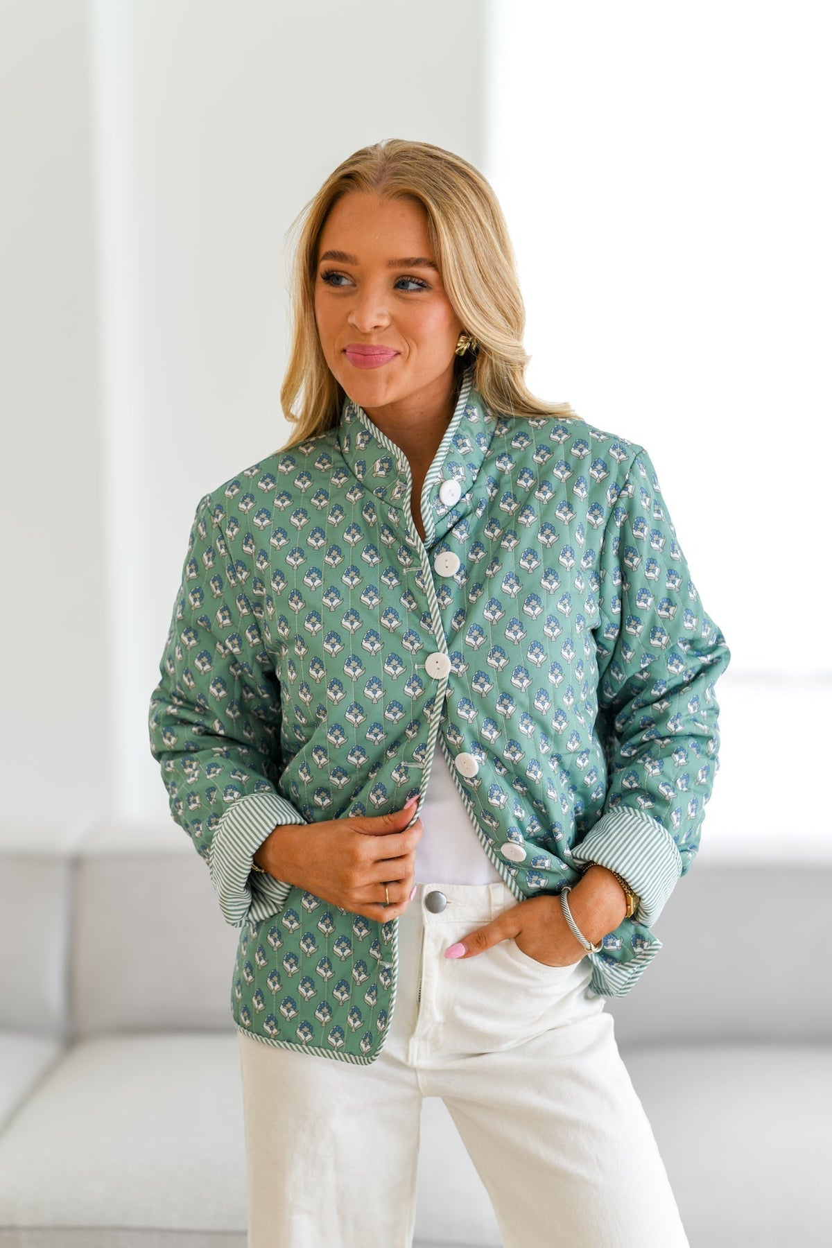 Yeşil Desenli Düğmeli Oversize Ceket Zalle