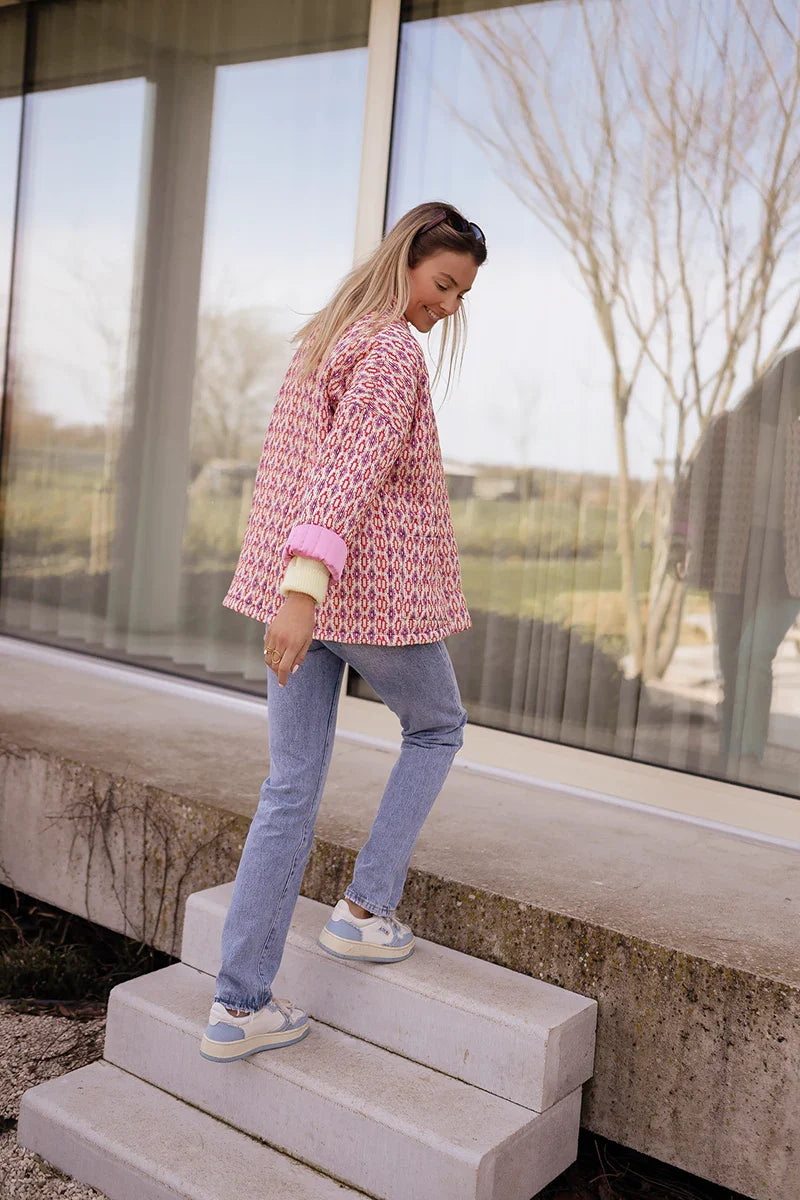 Pembe Etnik Desenli Oversize Ceket Zalle