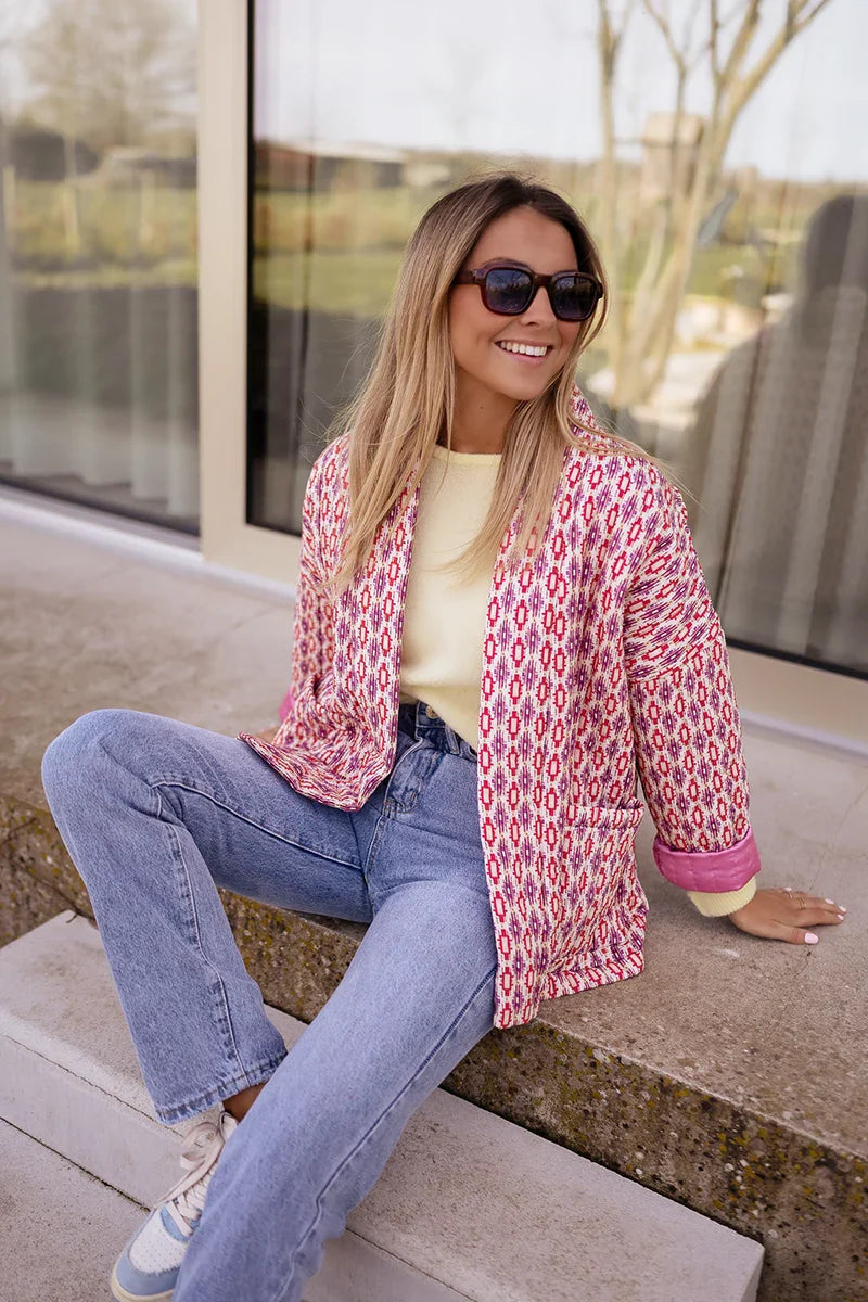 Pembe Etnik Desenli Oversize Ceket Zalle