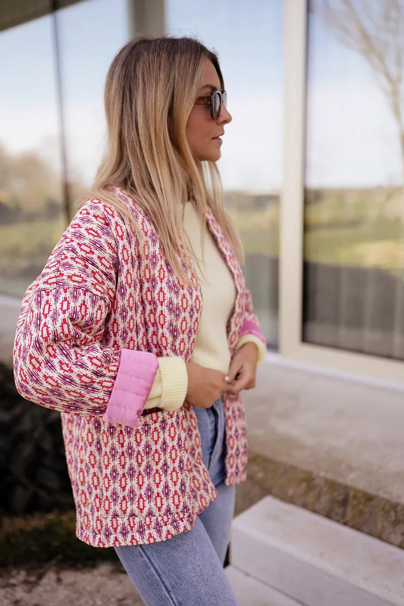 Pembe Etnik Desenli Oversize Ceket Zalle