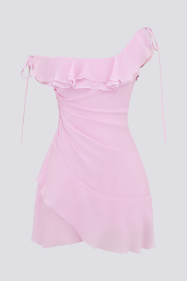 Anissa Tek Omuz Fırfırlı Pembe Mini Elbise