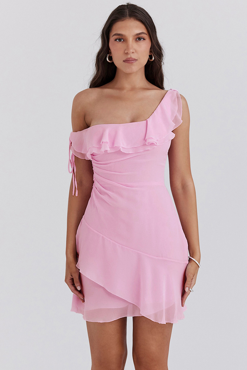 Anissa Tek Omuz Fırfırlı Pembe Mini Elbise