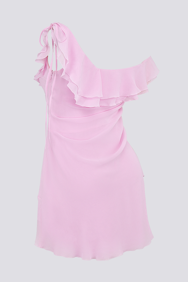 Anissa Tek Omuz Fırfırlı Pembe Mini Elbise