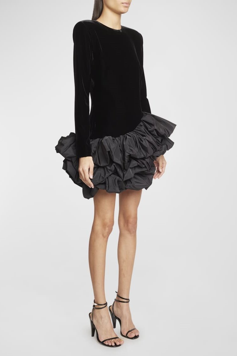 Asymmetrical Flounce Velvet Black Mini Dress