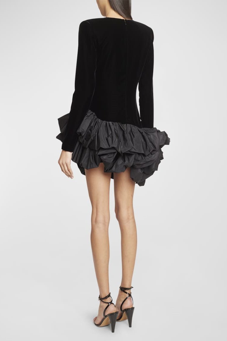 Asymmetrical Flounce Velvet Black Mini Dress