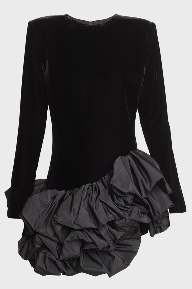 Asymmetrical Flounce Velvet Black Mini Dress
