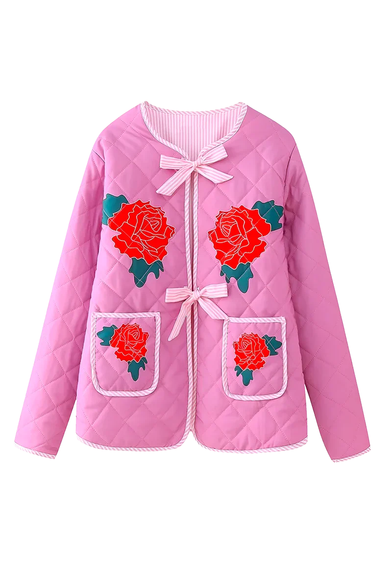 Pembe Çiçek Nakışlı Kapitone Ceket Zalle