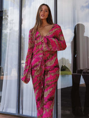 Canlı Pembe Desenli Üçgen Plaj Takımı Zalle
